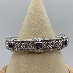Judith Ripka Sterling Silver 925 Amethyst Hinged Cuff Bangle Bracelet Average